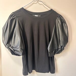 DKNY Black Top with Faux Leather Puff Sleeve Blouse